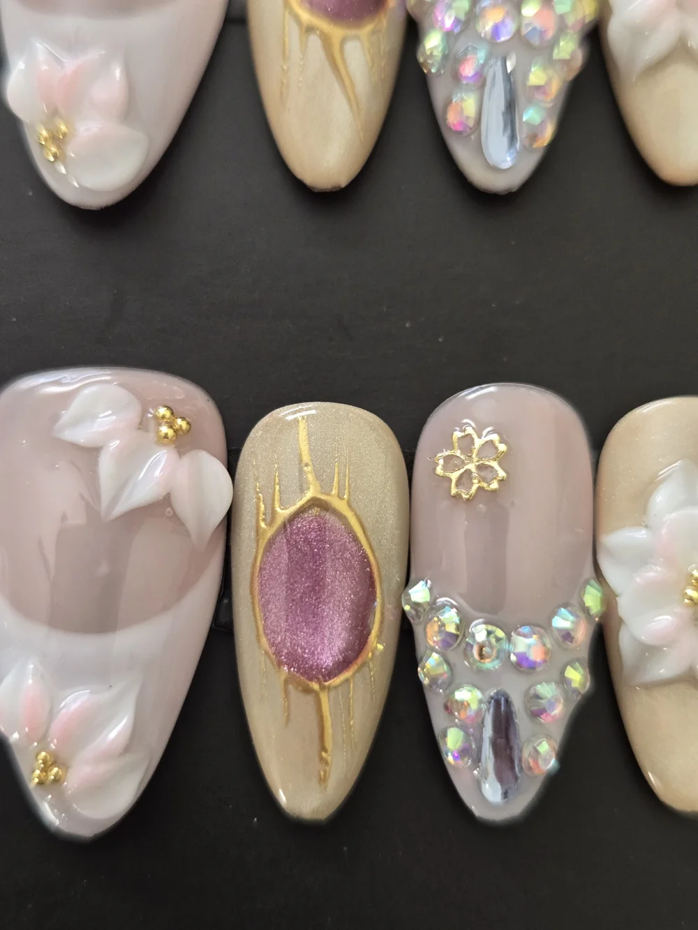 Hand Crafted Pink, Nude & Gold Floral Rhinestone Press-On Nails